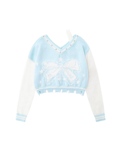 ショートリボンVネックアメリカンカラーブロックニットスター