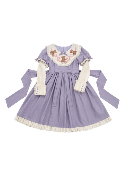 ロリータテディベアフラップレースパフスリーブリボンデレス