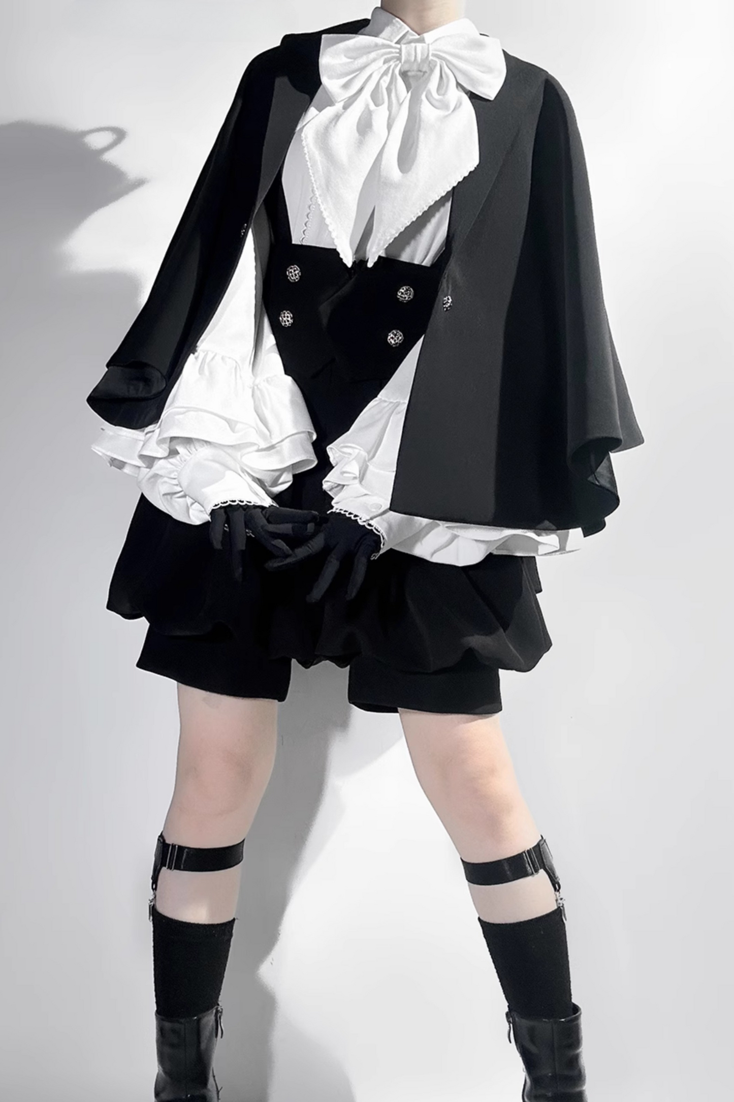 キュート+レトロショートパンツエレガントシャツリボンプリンス予約テールダーク