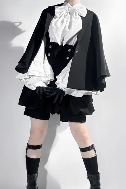 キュート+レトロショートパンツエレガントシャツリボンプリンス予約テールダーク