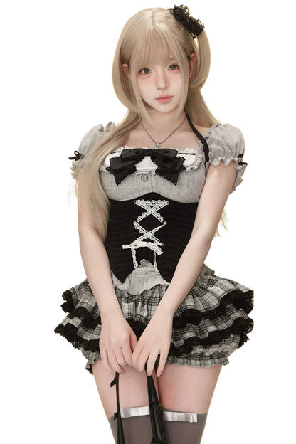 スカート シークレットケーキベルト チェック柄 ランゲージ + ブラックトップ ムーンライトウエスト