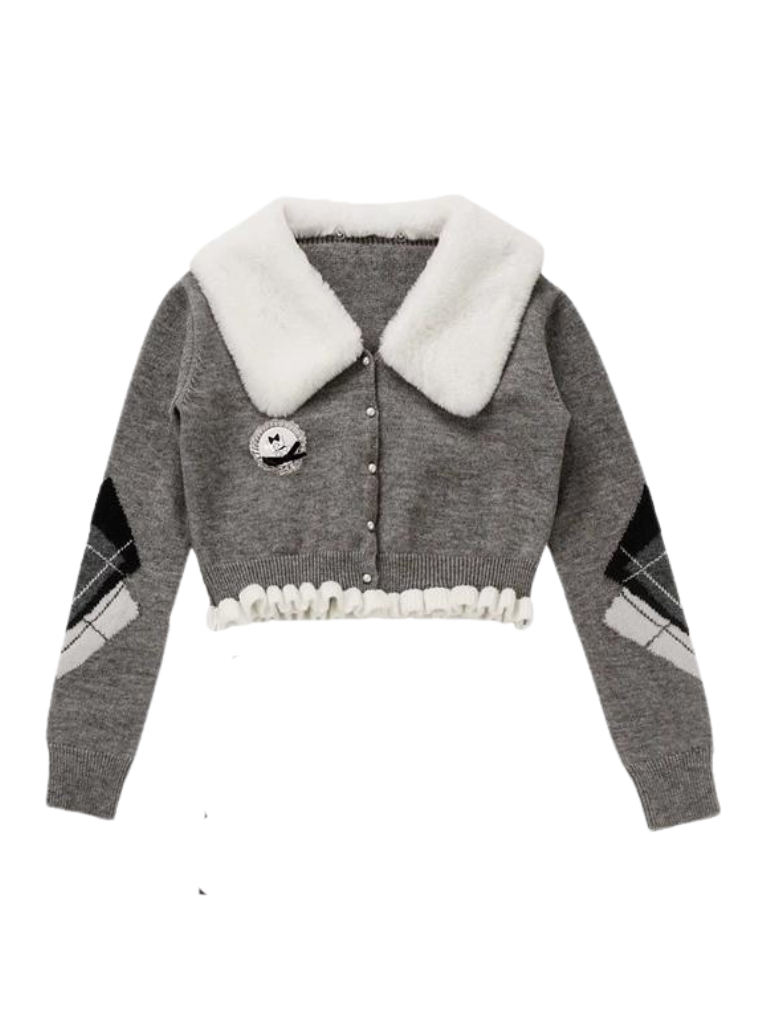 ラビットファーカラーパールバックルフリルショートカーディガン+マーメイドスリットスカート