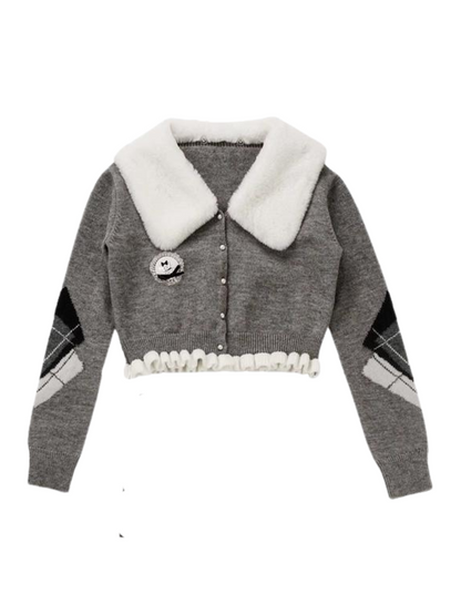 ラビットファーカラーパールバックルフリルショートカーディガン+マーメイドスリットスカート