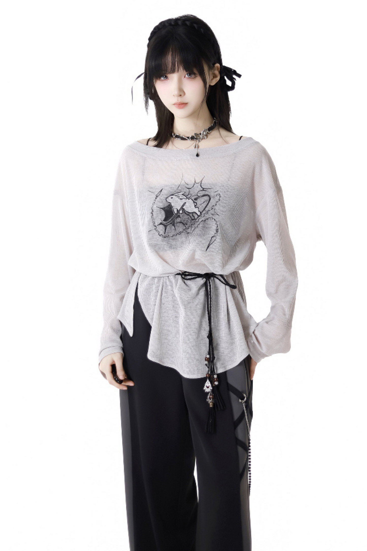 モードなトップスTシャツパンツワイド+デザインレースアップウエスト