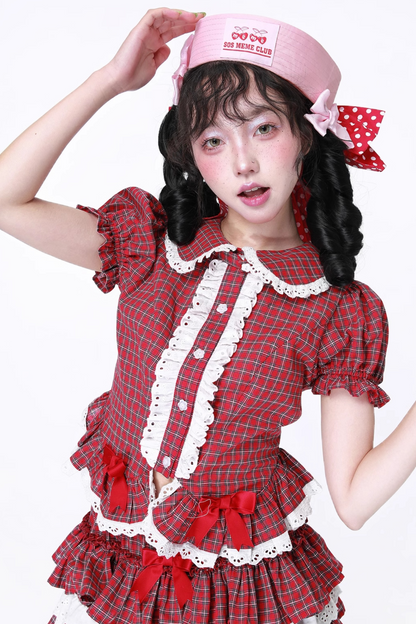 トップススリーブチェックパフレトロ