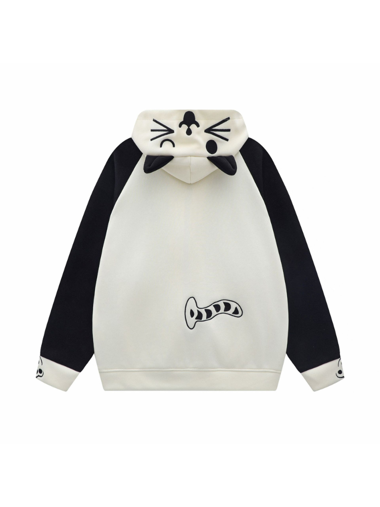Collar Hood Hoodie Contrast Button Cat Ear Zip Horn