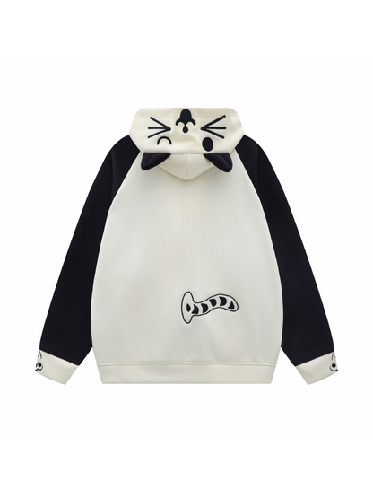 Collar Hood Hoodie Contrast Button Cat Ear Zip Horn