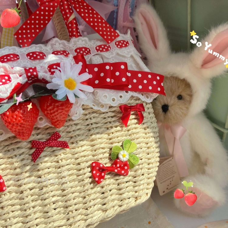 かぎ針編みバッグ 赤いイチゴと蝶結びの装飾トートバッグ