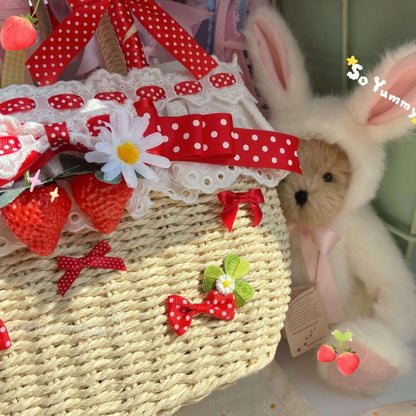 かぎ針編みバッグ 赤いイチゴと蝶結びの装飾トートバッグ