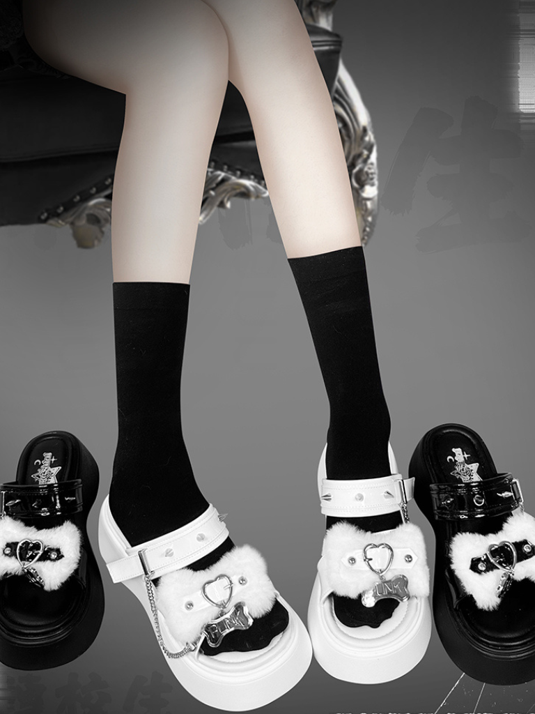 Rivet Sandal Chain Flat Platform Punk Fur