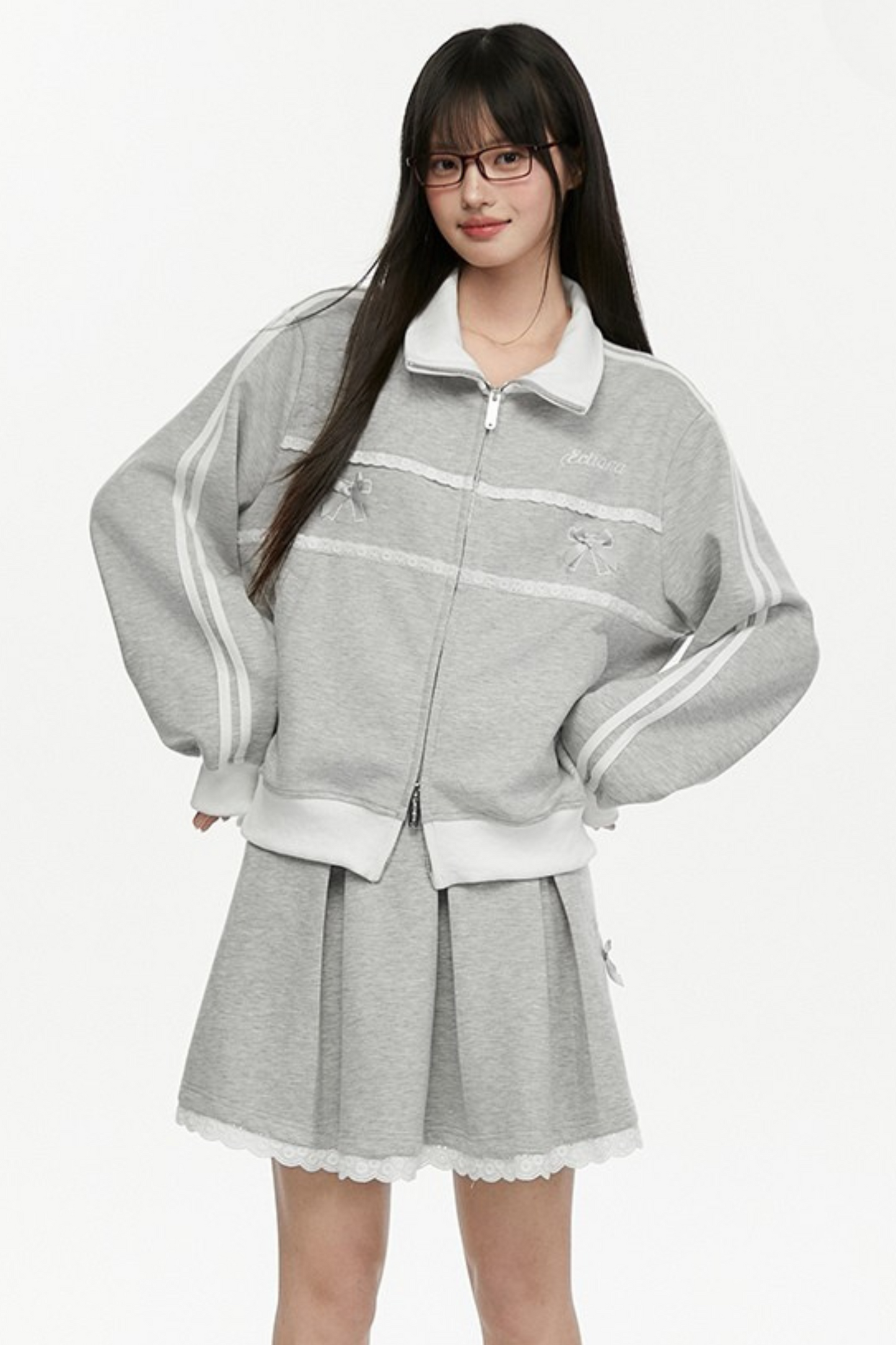 プリーツ+リボンラインスカート レースジャケット