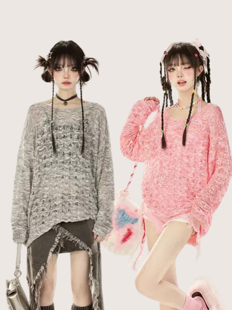 襟付きプルオーバーニット日焼け止めシースルーソールルーズ