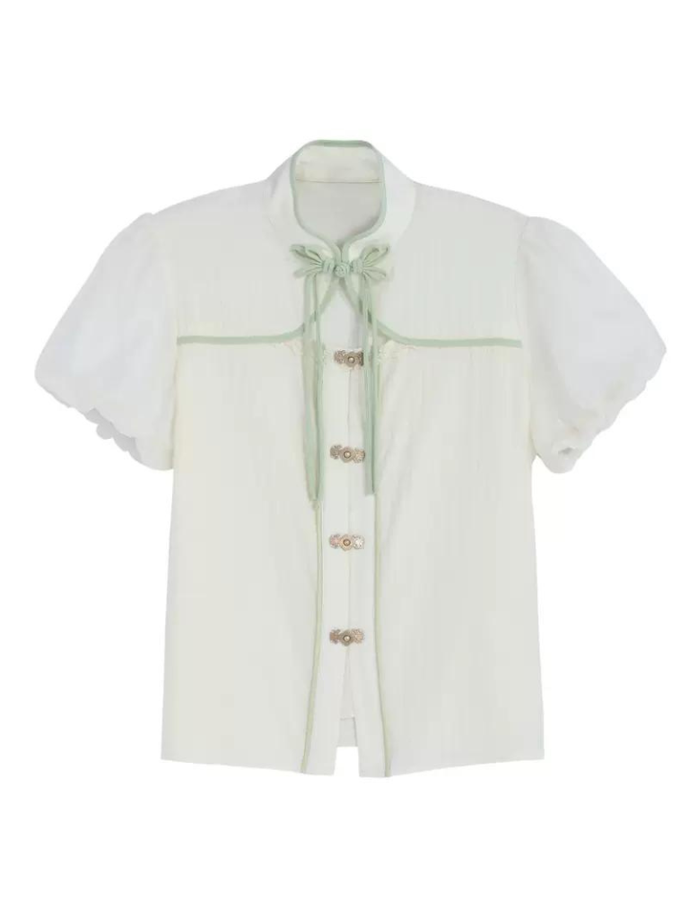 チャイナシャツスカートスリーブドレスパンダカンフーパフフーミント+シフォンセット