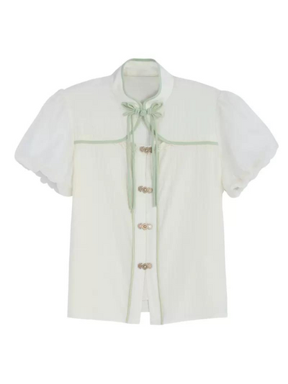 チャイナシャツスカートスリーブドレスパンダカンフーパフフーミント+シフォンセット