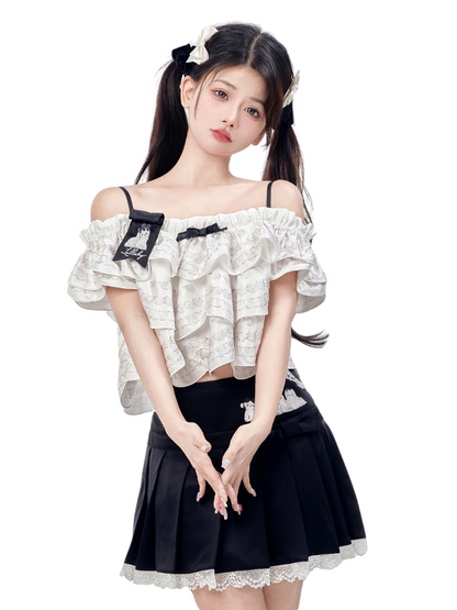 Lolita Cream Mal Cheese Spitzenfaltenrock