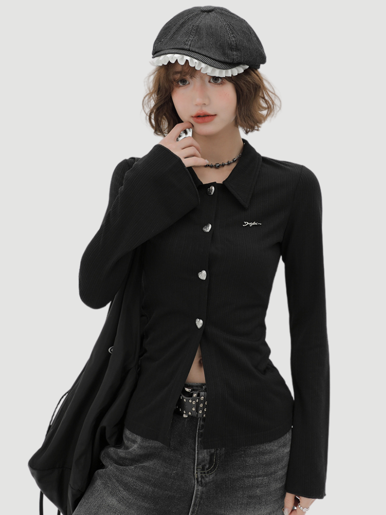 ニットベルブラックスリムポロカラーカーディガンスリーブレトロ