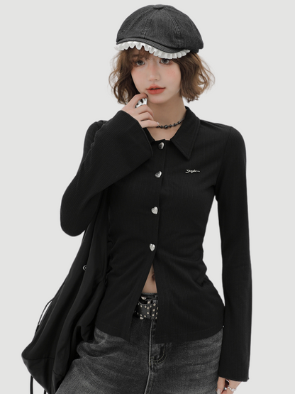 ニットベルブラックスリムポロカラーカーディガンスリーブレトロ