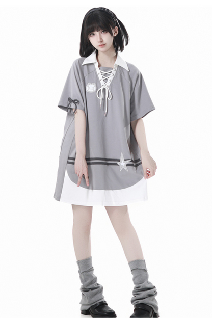 フード付きスカート レースアップトップス + ゆったりTシャツバルーン