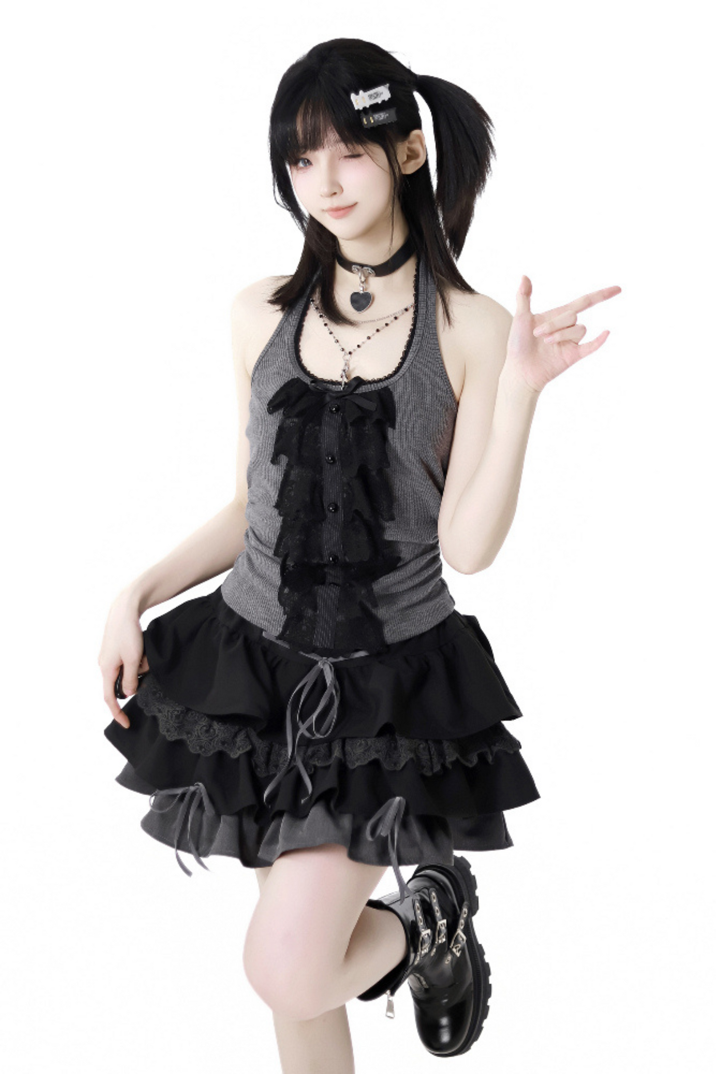 short neck cardigan lace top halter skirt + Vintage