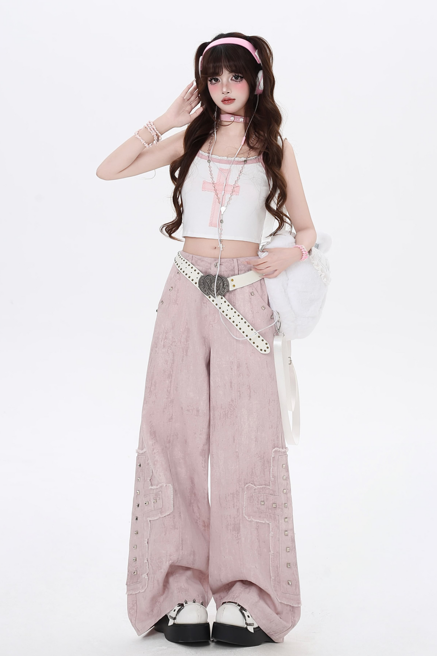 ピンク ハイワーク ストレートパンツ レッグ デニム ウエスト