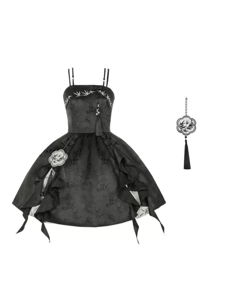 Kleid China Print Bambus Vorbestellung Blumen Blumen Hosenträger