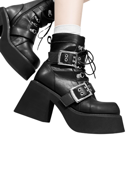 Short Punk Matte Plat Square Subculture Toe y2k Black Boots