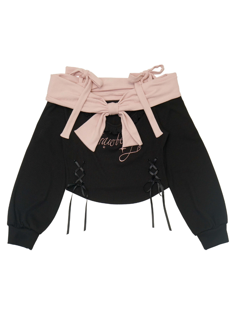 Knit Pink Ribbon + Straps Black Off-Shoulder Top