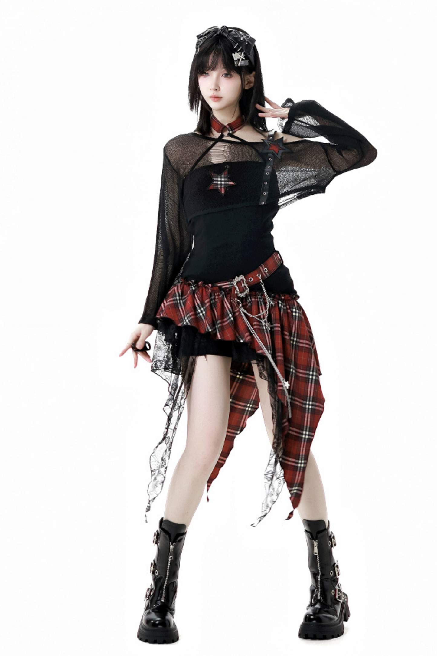 シックなショルダーロックショートワンピース+ショートパンツトップチェック