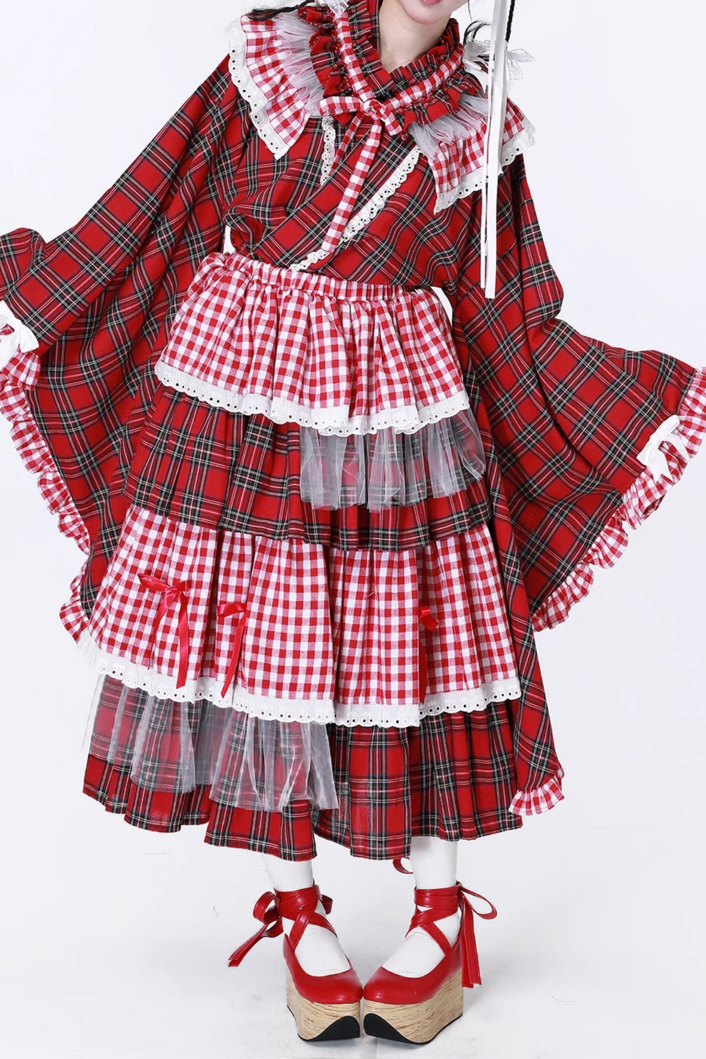 レッドシック着物レトロチェックスカート