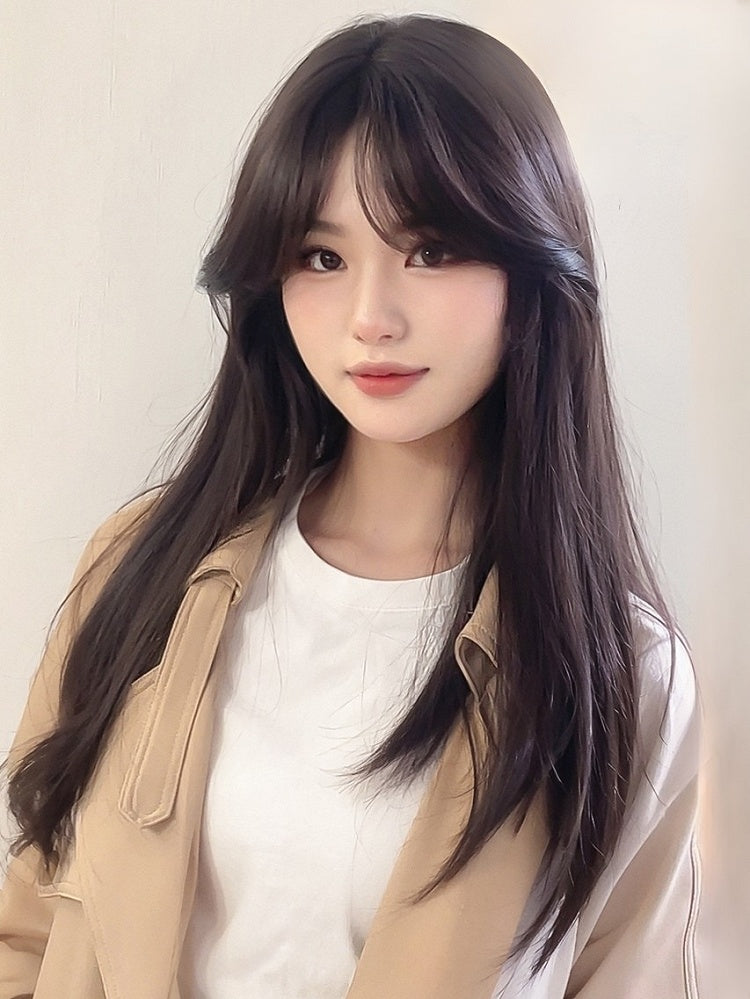 Dunkle Perücke 60CM Luftlänge Braun mit Pony Glatt