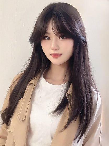 Dunkle Perücke 60CM Luftlänge Braun mit Pony Glatt