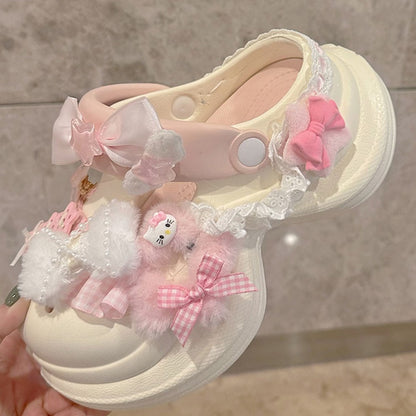 Lolita Sweet Bow with Platform Crocs-style Clogs Ruffle - Decor Version Beige Trim Regular/Thicken