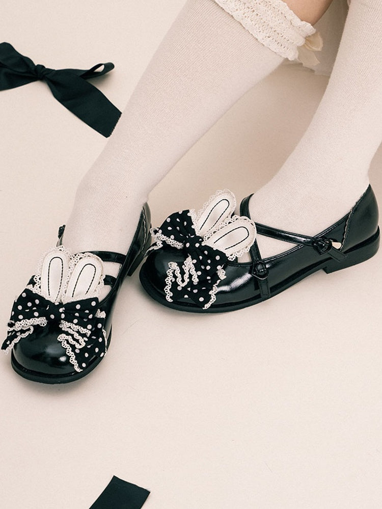 bei Lolita Schuhe Crisscross Bow Top Schwarzes Design Ohr Bunny Polka-Dot-Muster