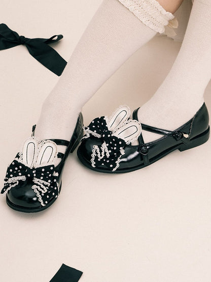 at Lolita Shoes Crisscross Bow Top Black Design Ear Bunny Polka-dot Pattern
