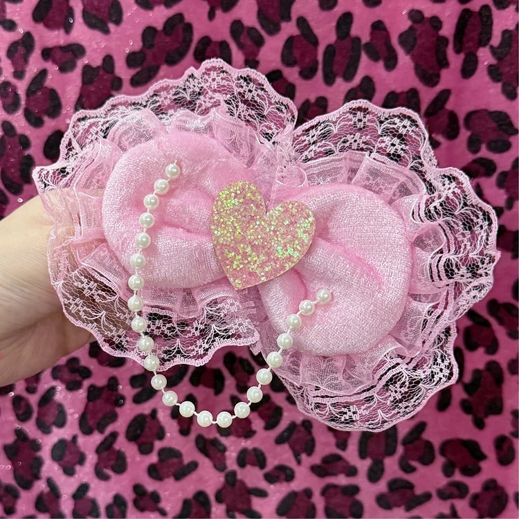 Hairclip Lolita Heart Hime Pink Lace with Chain Pearl Bowknot