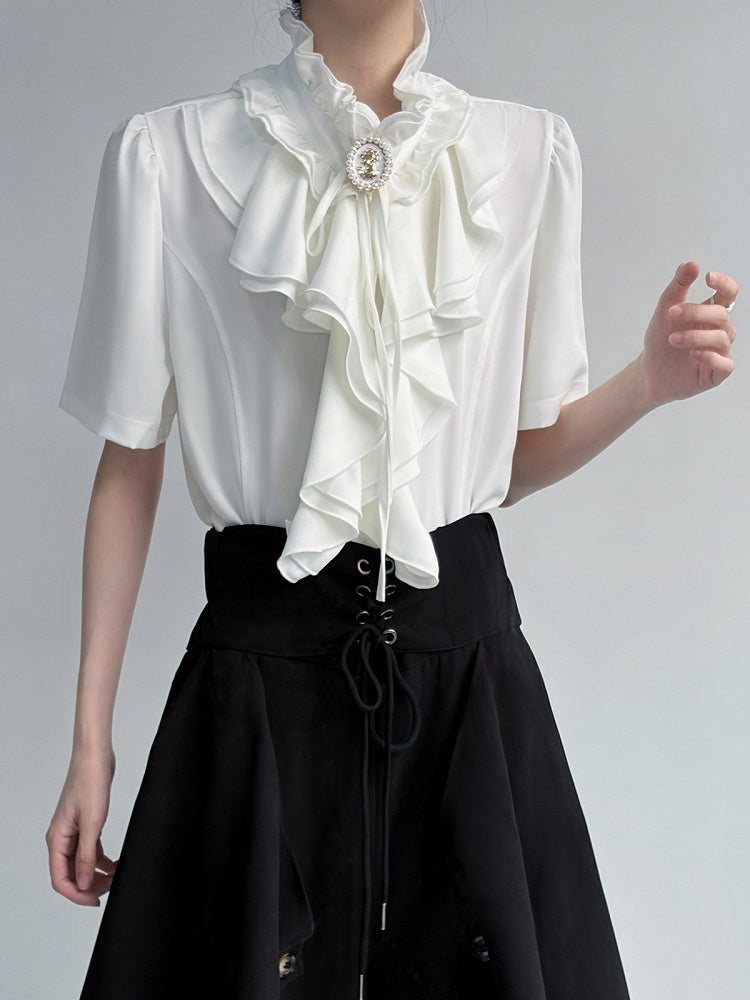 Layered Ruffle White Ouji Short Sleeve Blouse - ROAE