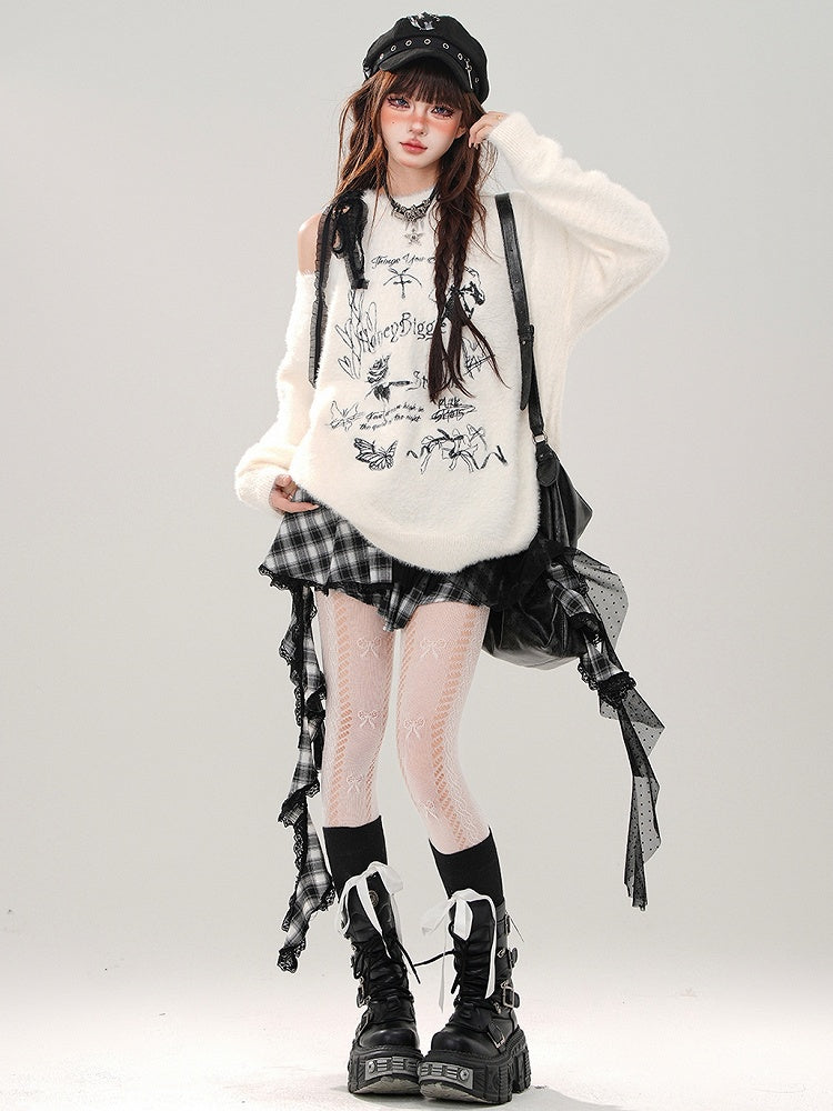 Apricot/Black Butterflies and Bows Cutout Shoulder Mohair Soft Sweater