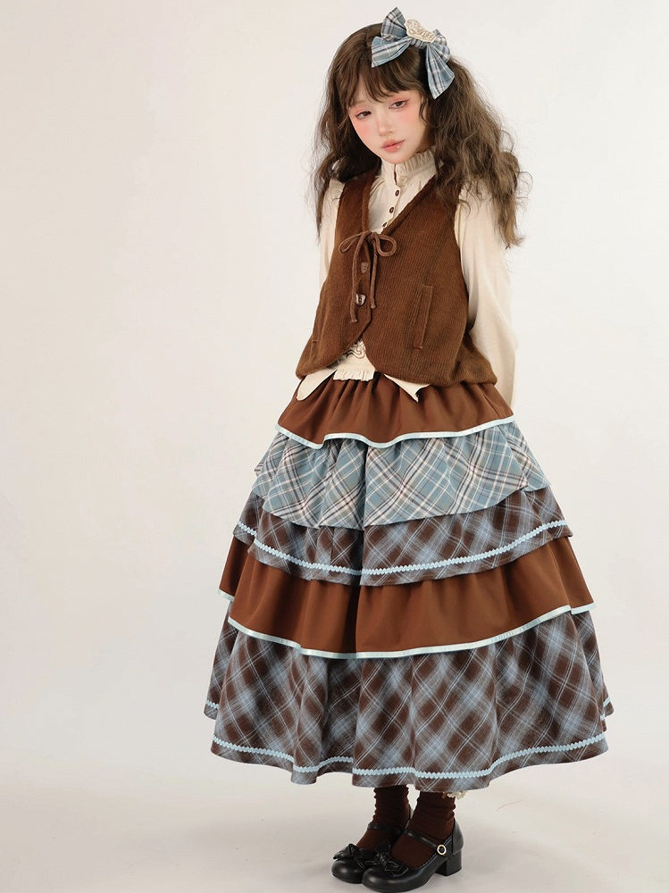 Length Blue Ruffles Tea Tiered Sweet Brown Skirt Plaid Lolita