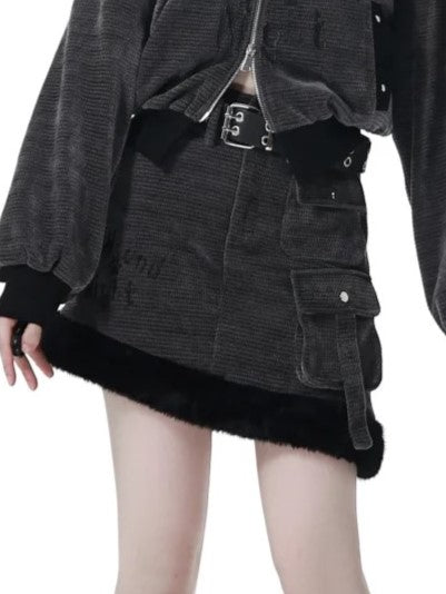 Gray Cargo Plush Detail Skirt Dark with Asymmetrical and Hem Pockets