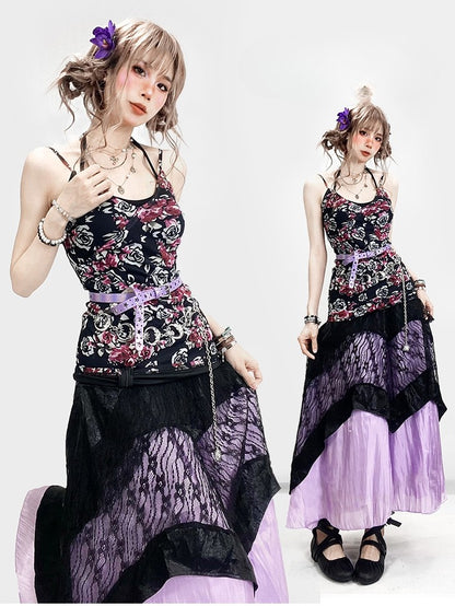 + 花柄トップ、ホルターネック、アンダースカート、キャミスカート、レースセット、ドレス、ホリデーネック、ブラック、パープル、ビタースイート