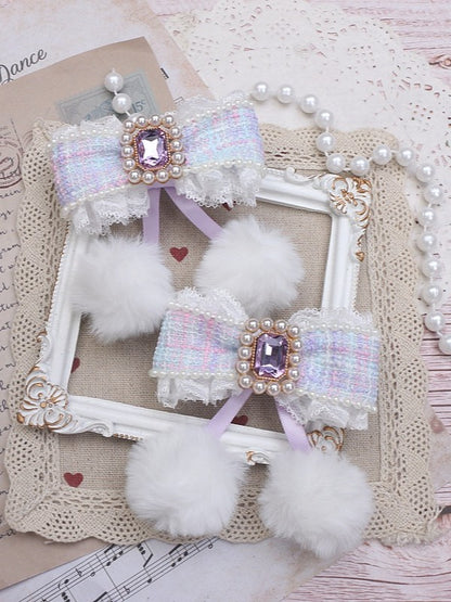 Tweed 5 Color Options With Hairclip Rhinestone Bowknot Jirai Pom-Poms Kei