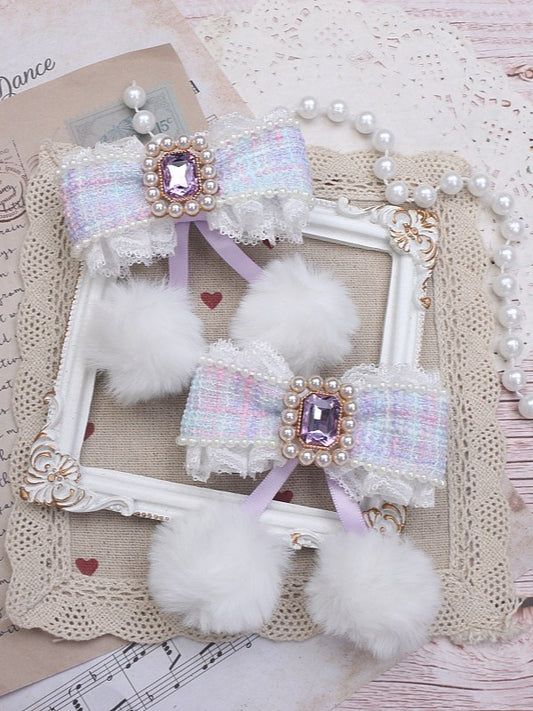 Tweed 5 Color Options With Hairclip Rhinestone Bowknot Jirai Pom-Poms Kei