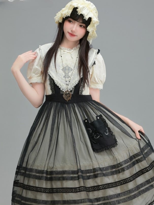 with Embroidered Pocket Overdress Black Lolita Lace-Trimmed