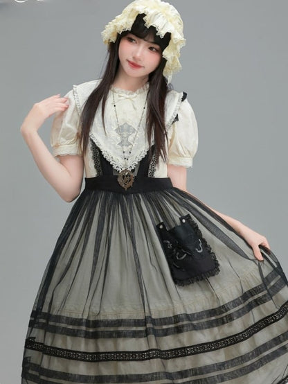 with Embroidered Pocket Overdress Black Lolita Lace-Trimmed