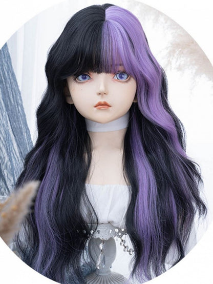 LilaSchwarz mit Perücke 74CM Pony Länge gewellte Air Split Farbe