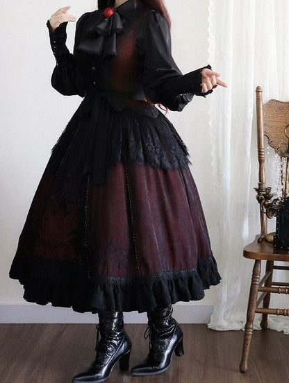 Gothic Lolita Dress+Blouse+Brooch Square Set Black Neckline Red Embroidered