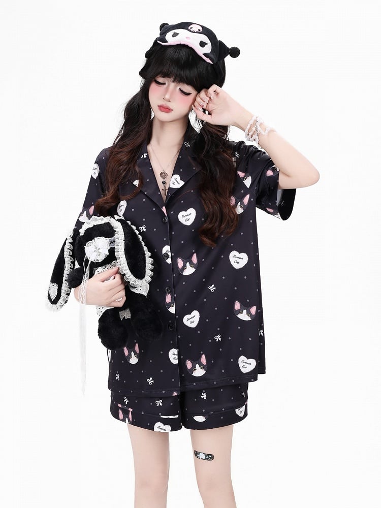 Black Cute Otaku Kitten Print Short Lounge Wear Two-Piece Set - Short-Sleeve Top + Shorts - CRAZY GIRL