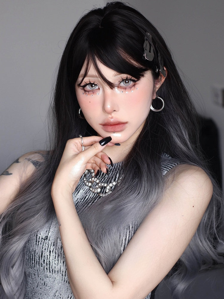 オンブレ丈、ウェーブ前髪ウィッグ ブラック 70cm グレー