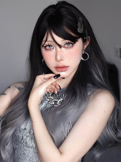 オンブレ丈、ウェーブ前髪ウィッグ ブラック 70cm グレー