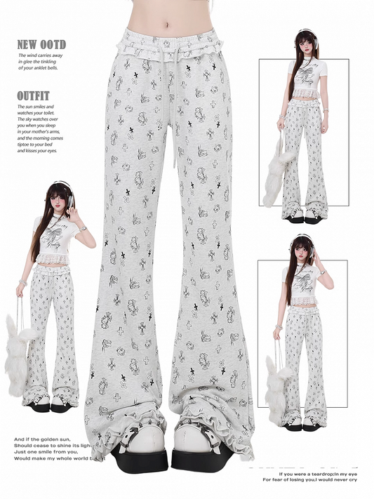 Graue Cuffs Low Waist Kitty und Cross Print Leichte glamouröse Schlaghose mit Rüschen